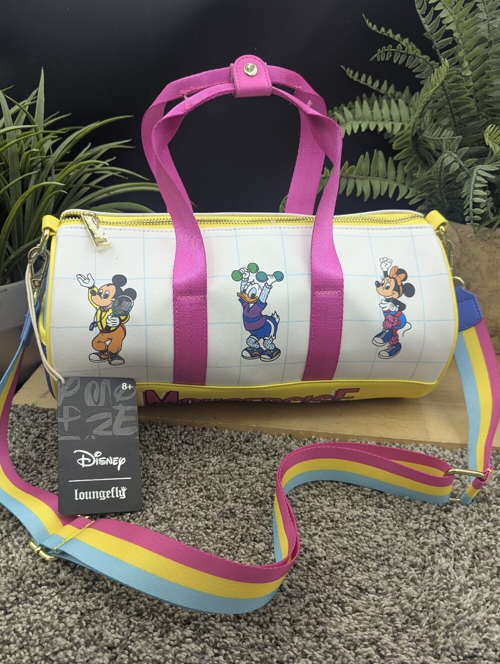 New Loungefly Disney Mousercise Mickey, Minnie Mouse & Donald Duck Duffle Bag